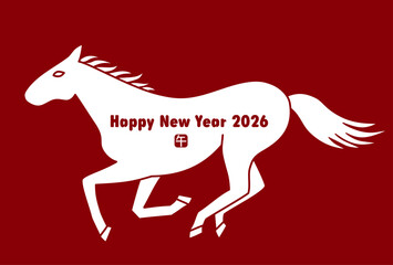 赤背景にシンプルな走る白馬の2026年（午年）年賀状イラスト