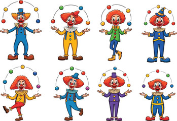 Colorful cartoon clown characters juggling balls, circus performers, funny clowns, vector illustration, kids entertainment, comedy show, festival art, carnival design, playful artwork