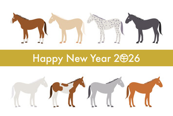 いろいろな種類の馬の2026年（午年）年賀状イラスト