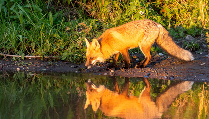 Fox drinking from puddle sunset reflection
