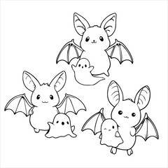 Cute Bats and Ghosts Kawaii Vector Illustration for Coloring Book or Page