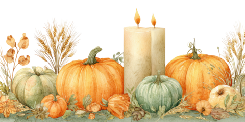 Autumnal Still Life with Pumpkins and Candles
