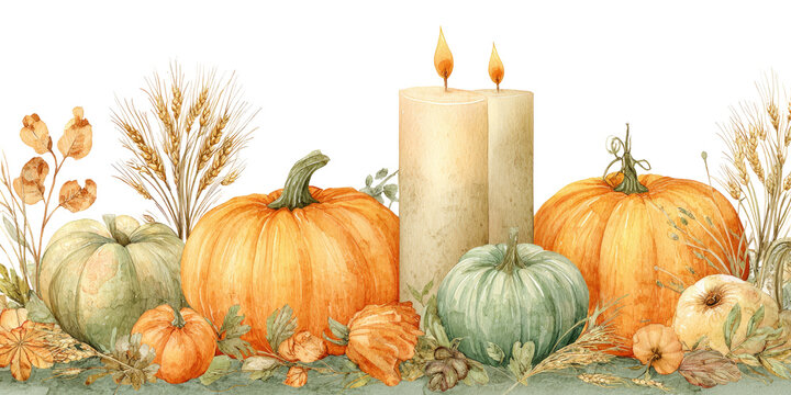 Autumnal Still Life with Pumpkins and Candles