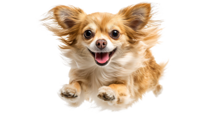 Joyful long-haired chihuahua leaping mid-air capturing pure canine excitement and playfulness
