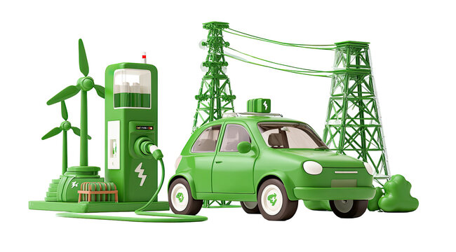 Green electric car at a sustainable energy station