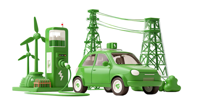 Green electric car at a sustainable energy station