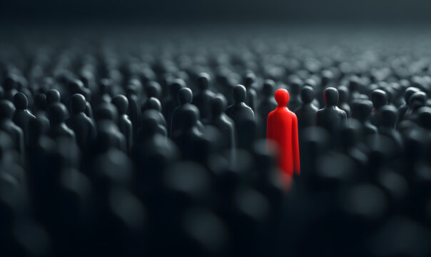 Conceptual image of a uniqe red person standing out n a sea of dark figures, rpresenting brand differentation and standing out fro the