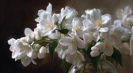 White Jasmine Flowers in a Glass Vase with a Soft, Dark Background

