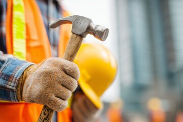 Construction worker holds hammer and hard hat on a busy building site during the day