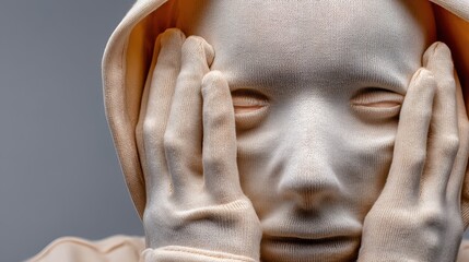 Expressive Figure in Neutral Fabric Hood Covering Face with Emotion