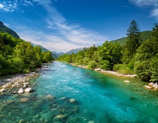 Obraz premium scenic river landscape with clear water and surrounding greenery showcasing a summer vacation spot with a focus on nature and relaxation