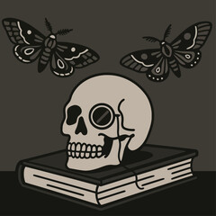 Spooky Halloween Skull with Moths and Book