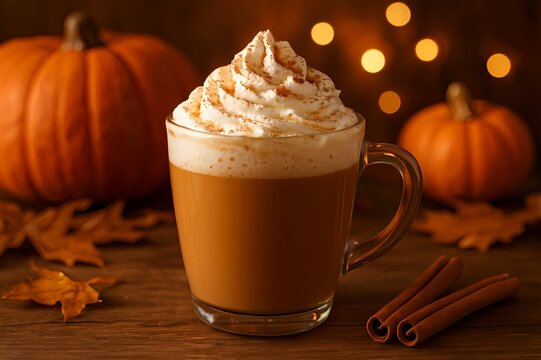 Cozy atmosphere, hot autumn pumpkin spice latte coffee with cinnamon sticks