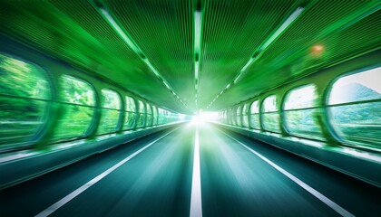 Fototapeta premium futuristic green transport hub with glowing tunnel motion blur speed and modern technology concept