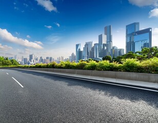 side view of an asphalt highway bordered by a garden and featuring a contemporary city skyline