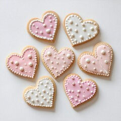 Sweet Heart Cookies with Pink & White Icing, Pearl Sprinkles on White