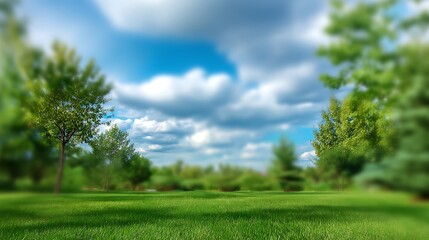 A beautiful blurred background of spring nature, with a neatly trimmed lawn, trees, and a blue sky filled with clouds on a bright sunny day.
