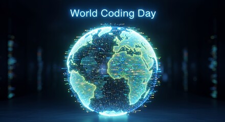 Digital globe displaying continents with glowing code particles, celebrating World Coding Day against a dark, blurred background.