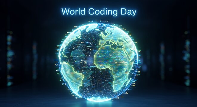 Digital globe displaying continents with glowing code particles, celebrating World Coding Day against a dark, blurred background.