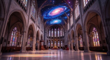 Obraz premium Majestic Cathedral Interior Illuminated by Cosmic Nebula Ceiling Art