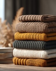 Stacked Sweaters On Table, Winter Apparel Still Life. Cozy Indoor, Books, Home