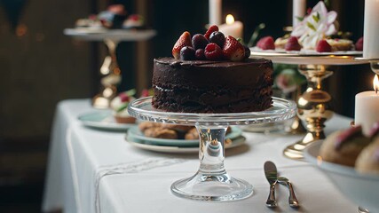 Delicious chocolate cake with fresh berries showcased at a beautifully arranged dessert table during a festive celebration