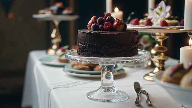 Delicious chocolate cake with fresh berries showcased at a beautifully arranged dessert table during a festive celebration