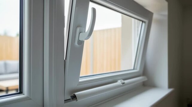 Interior perspective of tilting a UPVC window sash inward after adjustment showcasing clean lines and modern frame design.