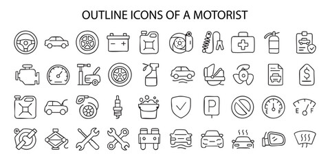 A set of linear icons titled “OUTLINE ICONS OF A MOTORIST.” The set includes icons depicting elements related to motorists.