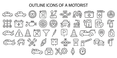 a set of outline icons related to motorists and vehicles. All icons are made in black and white with thin lines.