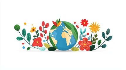 Fototapeta premium A vibrant illustration of the Earth surrounded by colorful flowers and leaves, symbolizing nature and harmony.