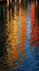 Vibrant reflections of colorful buildings on rippled water