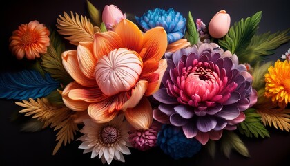Obraz premium colorful floral arrangement featuring vibrant blossoms with soft petals against a dark background
