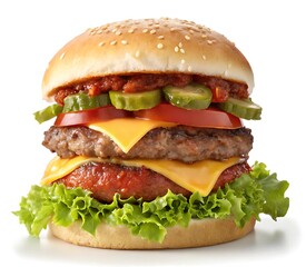 Delicious hamburger with cheese, lettuce, tomato, and onion isolated on white background.