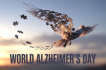 Dove made of puzzle pieces takes flight, symbolizing memory loss and Alzheimer's awareness