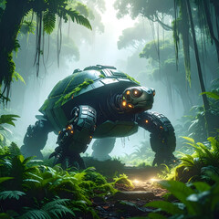 Futuristic turtle in lush forest