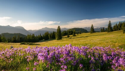 Fototapeta premium vibrant purple flowers blooming in lush green meadow landscape