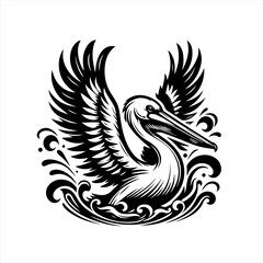 Obraz premium Stylized black and white pelican with wings spread over water