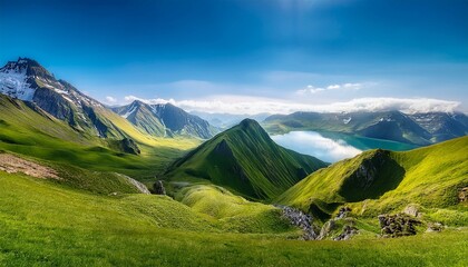 a vibrant artistic depiction of a mountainous landscape with green hills and serene waters