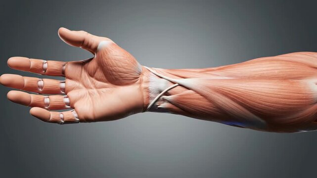 Detailed Anatomical Illustration of Human Forearm and Hand Muscles Performing a Grasping Motion