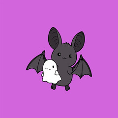Cute Bats and Ghosts Kawaii Vector Illustration with Purple Background. Spooky Elements for Halloween.