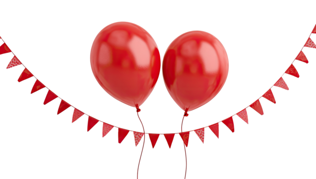 Two red balloons with a red triangular banner