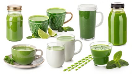 Fresh green detox smoothies and juices collection for healthy lifestyle, wellness and nutrition