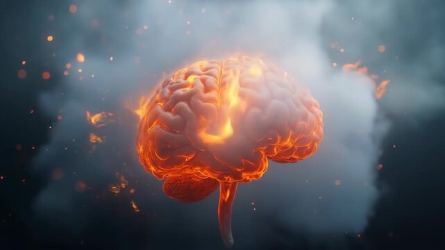 Burning human brain exploding with fire and smoke
