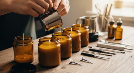 Pouring melted wax into candle jars, crafting homemade candles with essential oils