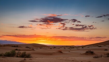 a serene minimalist desert sunset landscape with a beautiful sky featuring a few fluffy clouds in the distance
