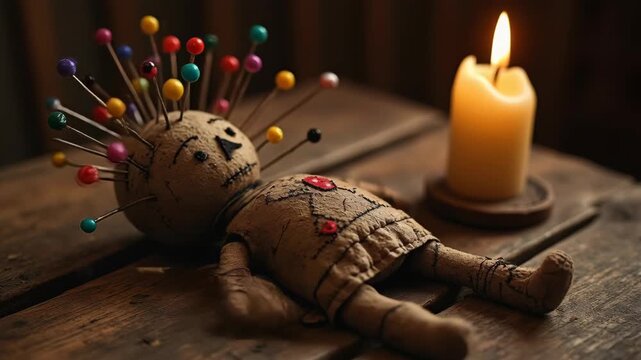 A handmade voodoo doll with colorful pins stuck in it lies on a wooden table, lit by a flickering candle. Occult and black magic concept.