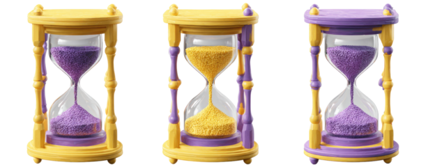 Three hourglasses, yellow and purple