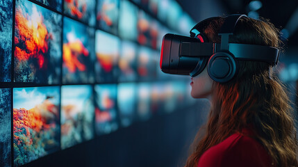 A person is fully immersed in a virtual reality experience, wearing an advanced headset in a dynamic digital display room.