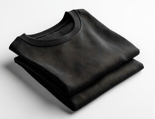 Two folded black t-shirts on a white background.  A dark, slightly textured, black t-shirt is folded neatly in a stack of two layers.  Light highlights subtly show the fabric folds
